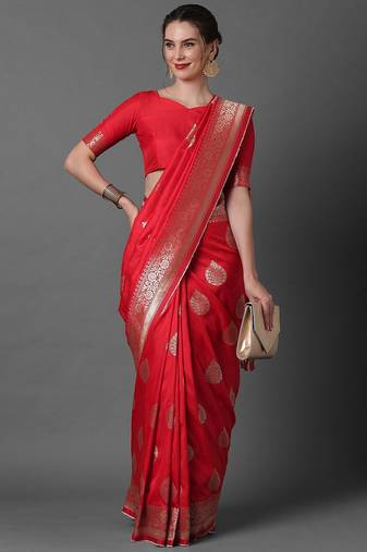 red red & silver-coloured ethnic motifs zari woven design silk blend banarasi saree