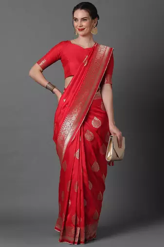 red red & silver-coloured ethnic motifs zari woven design silk blend banarasi saree