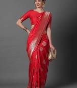 red red & silver-coloured ethnic motifs zari woven design silk blend banarasi saree