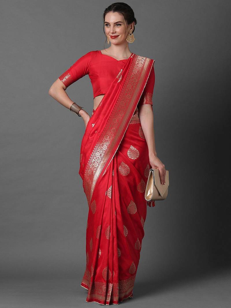 red red & silver-coloured ethnic motifs zari woven design silk blend banarasi saree