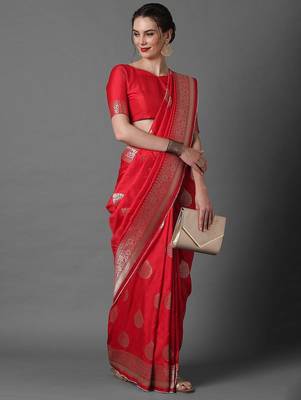 red red & silver-coloured ethnic motifs zari woven design silk blend banarasi saree 2