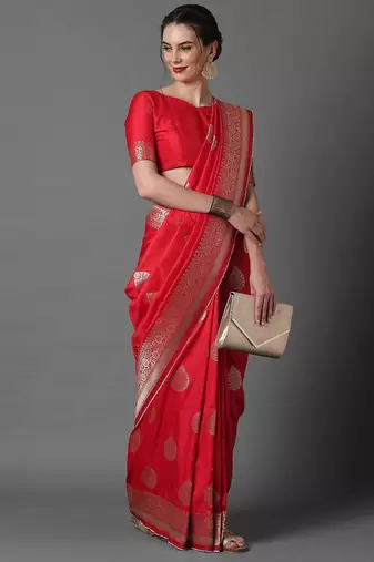 red red & silver-coloured ethnic motifs zari woven design silk blend banarasi saree