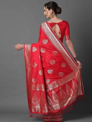 red red & silver-coloured ethnic motifs zari woven design silk blend banarasi saree 3