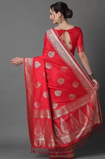 red red & silver-coloured ethnic motifs zari woven design silk blend banarasi saree