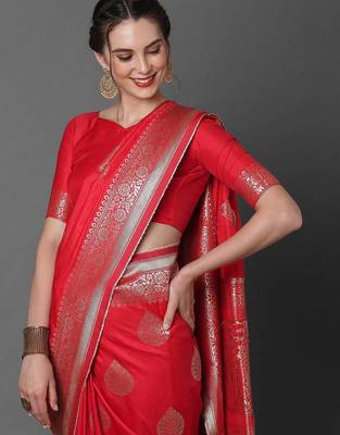 red red & silver-coloured ethnic motifs zari woven design silk blend banarasi saree 4