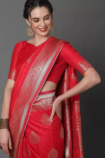 red red & silver-coloured ethnic motifs zari woven design silk blend banarasi saree