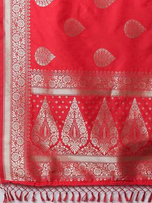 red red & silver-coloured ethnic motifs zari woven design silk blend banarasi saree 5