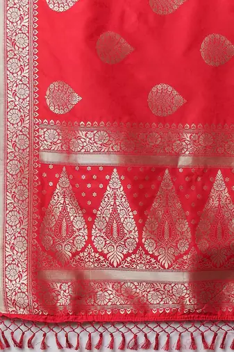 red red & silver-coloured ethnic motifs zari woven design silk blend banarasi saree