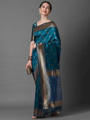 blue ethnic motif woven design zari banarasi saree 3