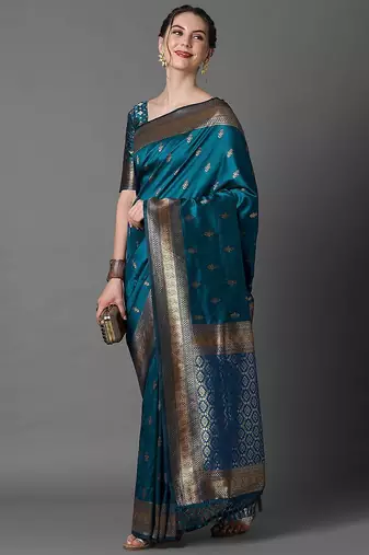 blue ethnic motif woven design zari banarasi saree