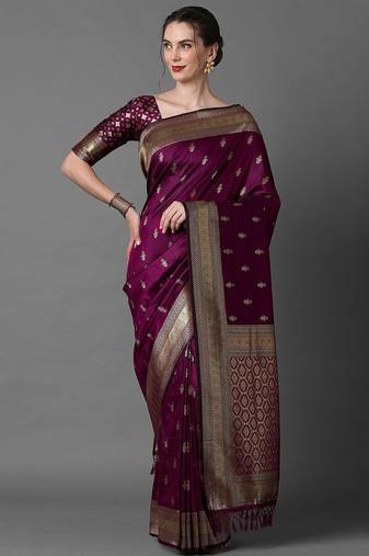 magenta woven design zari silk blend banarasi saree