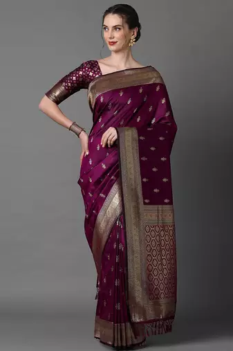 magenta woven design zari silk blend banarasi saree