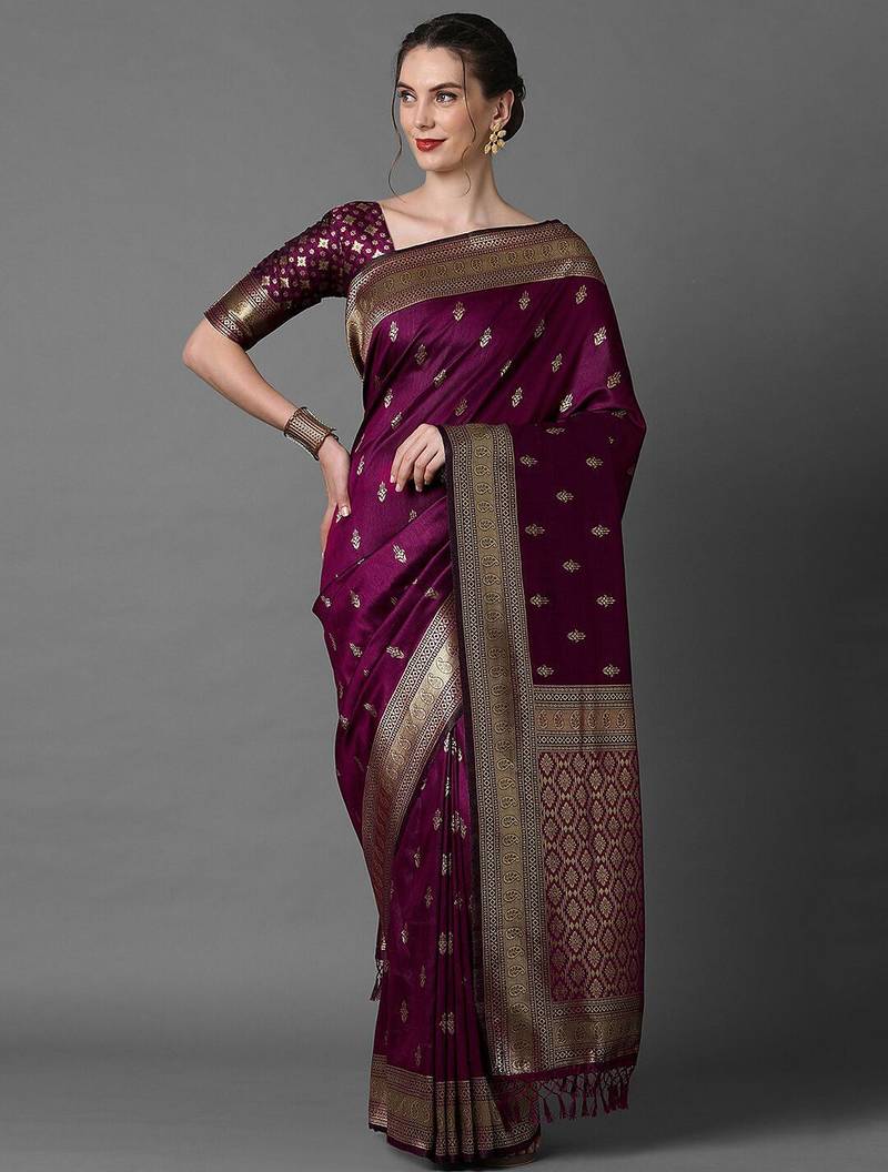 magenta woven design zari silk blend banarasi saree