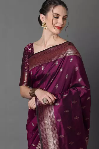 magenta woven design zari silk blend banarasi saree