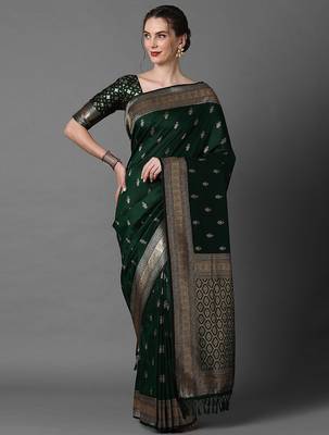 green saree mall ethnic motifs woven design zari silk blend banarasi saree 1