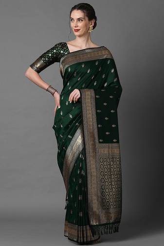 green saree mall ethnic motifs woven design zari silk blend banarasi saree