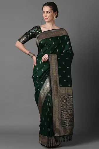 green saree mall ethnic motifs woven design zari silk blend banarasi saree