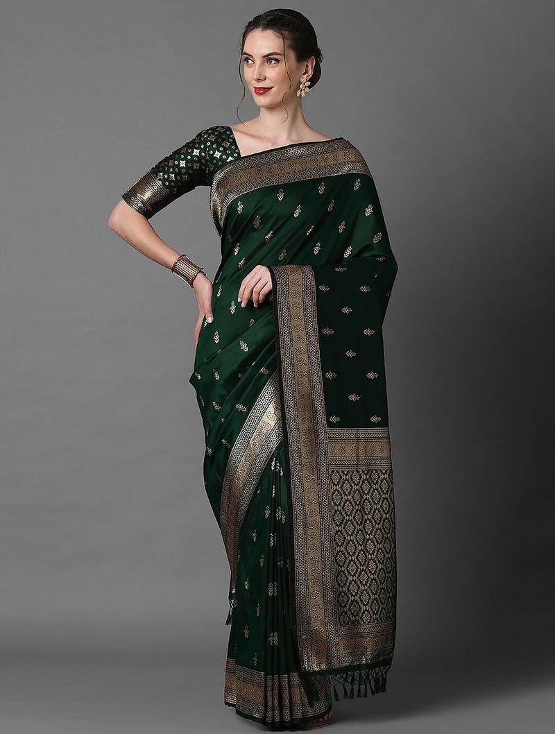 green saree mall ethnic motifs woven design zari silk blend banarasi saree