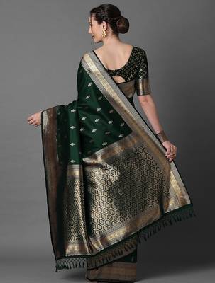 green saree mall ethnic motifs woven design zari silk blend banarasi saree 2
