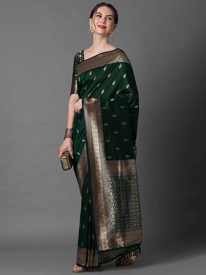 green saree mall ethnic motifs woven design zari silk blend banarasi saree 3