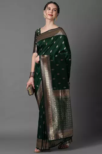 green saree mall ethnic motifs woven design zari silk blend banarasi saree