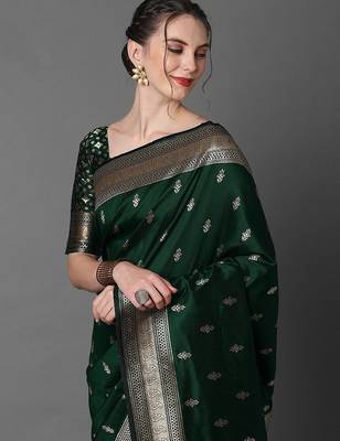 green saree mall ethnic motifs woven design zari silk blend banarasi saree 4