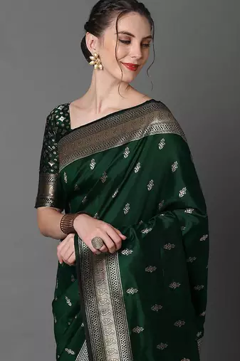 green saree mall ethnic motifs woven design zari silk blend banarasi saree