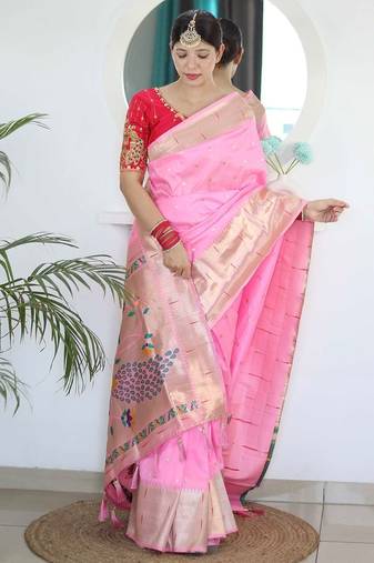 pink pink ethnic woven design zari paithani saree