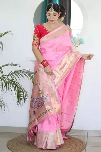 pink pink ethnic woven design zari paithani saree