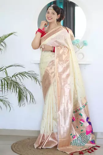 white white ethnic woven design zari paithani saree