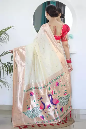 white white ethnic woven design zari paithani saree