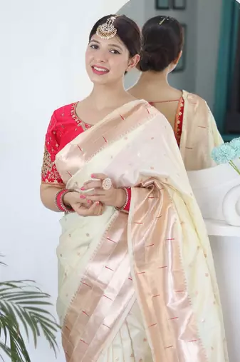 white white ethnic woven design zari paithani saree