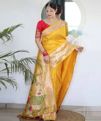 yellow yellow ethnic woven design zari paithani saree 1