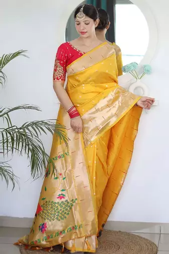yellow yellow ethnic woven design zari paithani saree