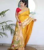 yellow yellow ethnic woven design zari paithani saree