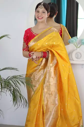 yellow yellow ethnic woven design zari paithani saree