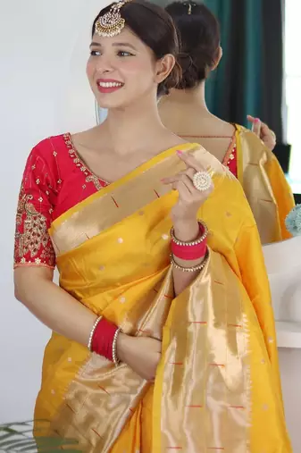 yellow yellow ethnic woven design zari paithani saree