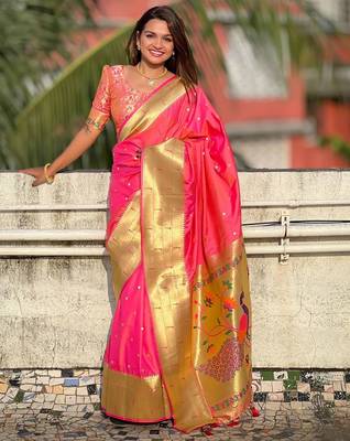 peach woven design zari paithani saree 1