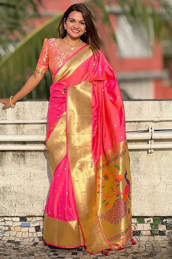 peach woven design zari paithani saree