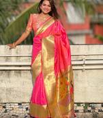 peach woven design zari paithani saree