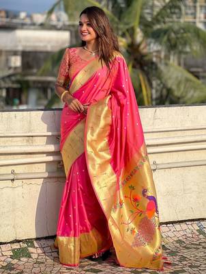 peach woven design zari paithani saree 2