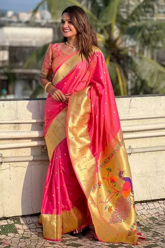 peach woven design zari paithani saree