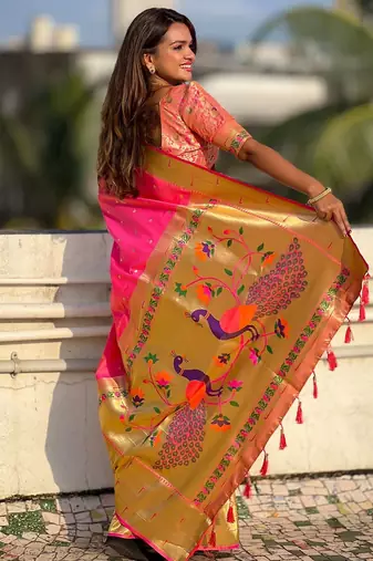 peach woven design zari paithani saree