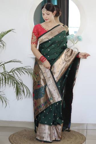 green woven design zari silk blend paithani saree