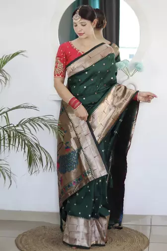 green woven design zari silk blend paithani saree