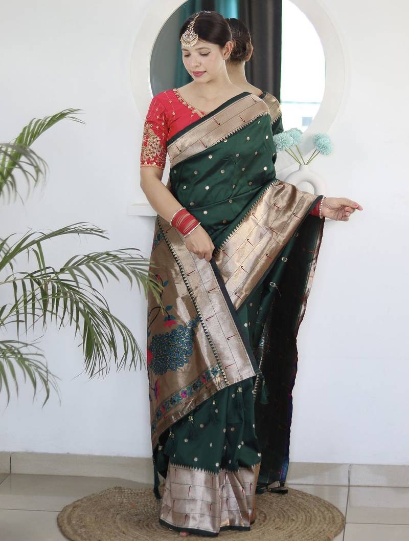 green woven design zari silk blend paithani saree