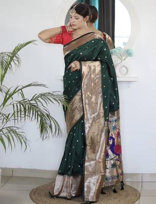 green woven design zari silk blend paithani saree 2