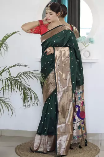 green woven design zari silk blend paithani saree