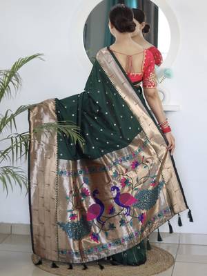 green woven design zari silk blend paithani saree 3
