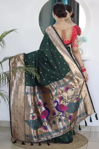 green woven design zari silk blend paithani saree